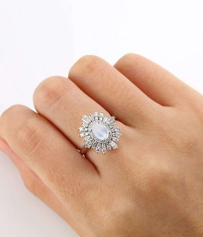 2 CT Oval Cut Moonstone 925 Sterling Sliver Halo Diamond Flower Anniversary Ring