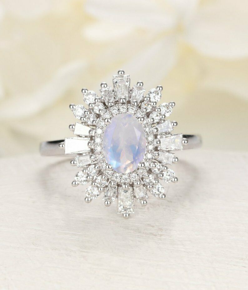 2 CT Oval Cut Moonstone 925 Sterling Sliver Halo Diamond Flower Anniversary Ring