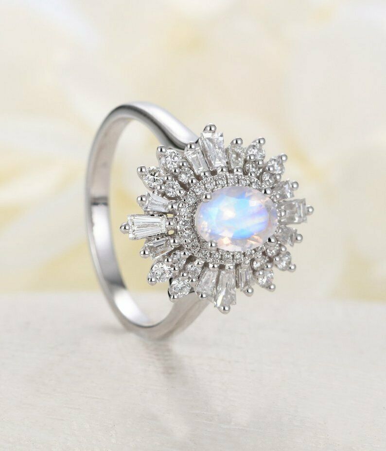 2 CT Oval Cut Moonstone 925 Sterling Sliver Halo Diamond Flower Anniversary Ring