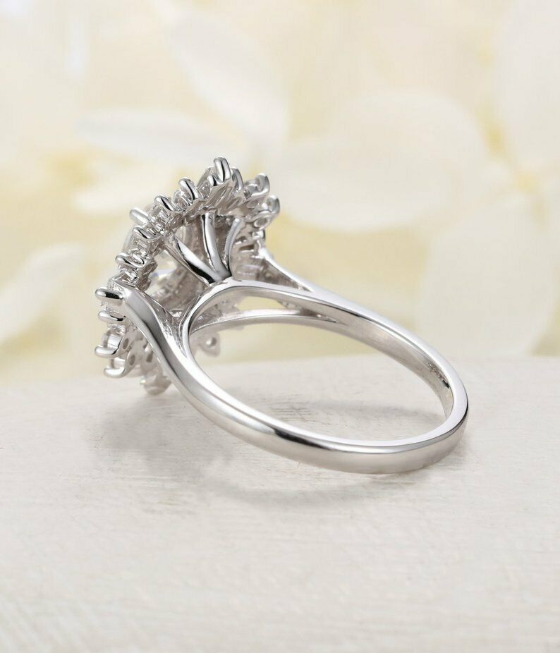 2 CT Oval Cut Moonstone 925 Sterling Sliver Halo Diamond Flower Anniversary Ring