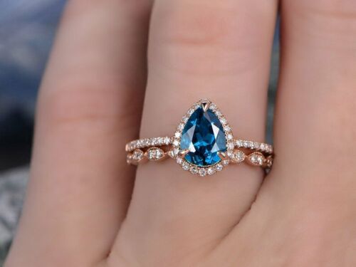 2 CT Pear Cut London Blue Topaz 925 Sterling Silver Halo Diamond Bridal Ring Set
