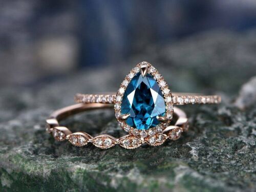 2 CT Pear Cut London Blue Topaz 925 Sterling Silver Halo Diamond Bridal Ring Set