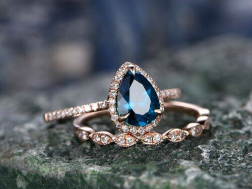 2 CT Pear Cut London Blue Topaz 925 Sterling Silver Halo Diamond Bridal Ring Set