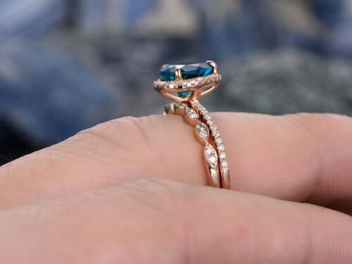 2 CT Pear Cut London Blue Topaz 925 Sterling Silver Halo Diamond Bridal Ring Set