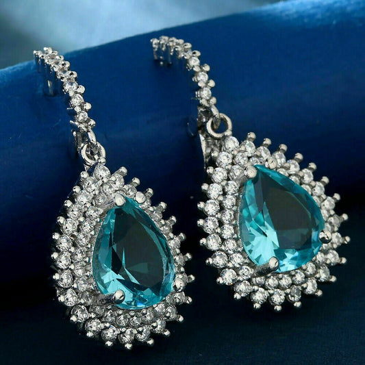 2 CT Pear Cut London Blue Topaz 925 Sterling Silver Diamond Tear Drop Earrings