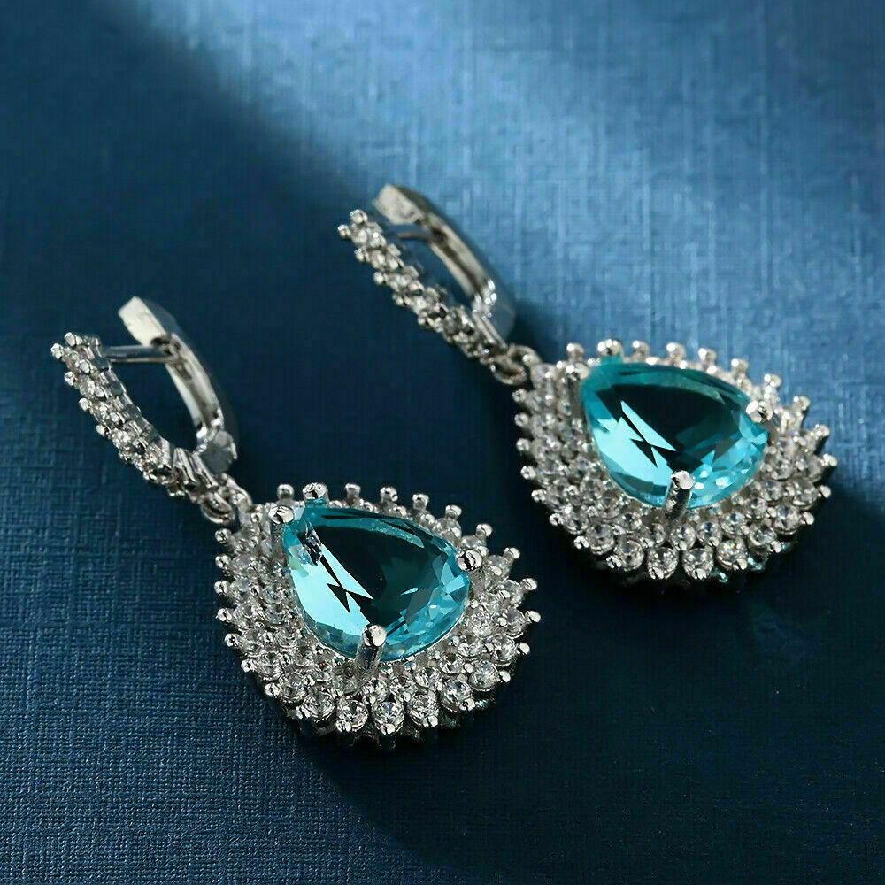 2 CT Pear Cut London Blue Topaz 925 Sterling Silver Diamond Tear Drop Earrings