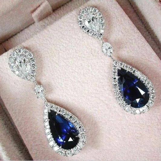 2 CT Pear Cut Sapphire 925 Sterling Silver Drop Dangle Diamond Wedding Earrings