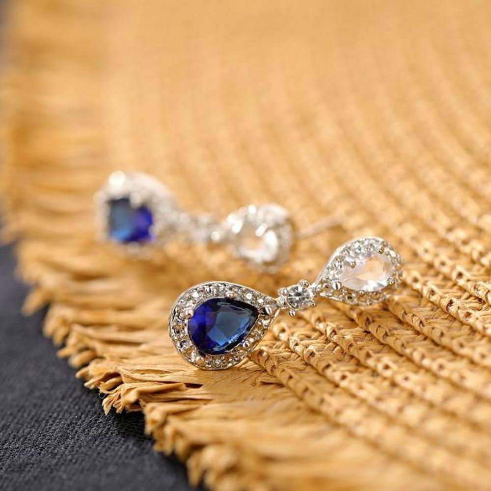 2 CT Pear Cut Sapphire 925 Sterling Silver Drop Dangle Diamond Wedding Earrings