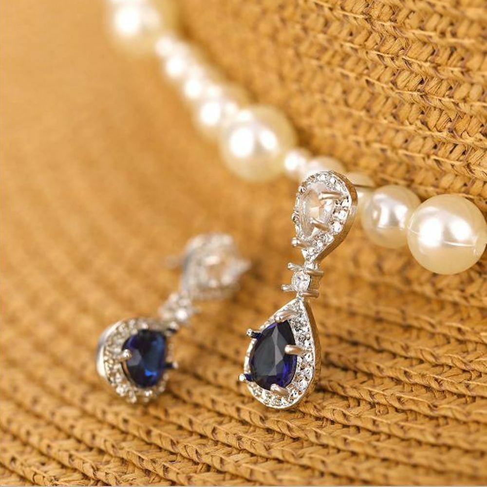 2 CT Pear Cut Sapphire 925 Sterling Silver Drop Dangle Diamond Wedding Earrings