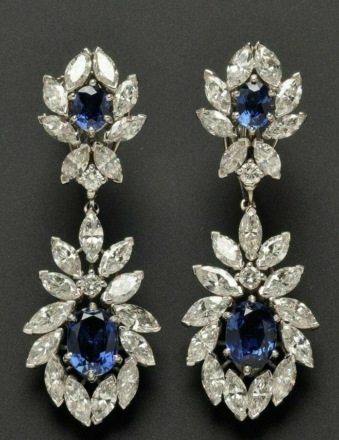 3 CT Oval Marquise Cut Sapphire 925 Sterling Silver Diamond Long Dangle Earrings