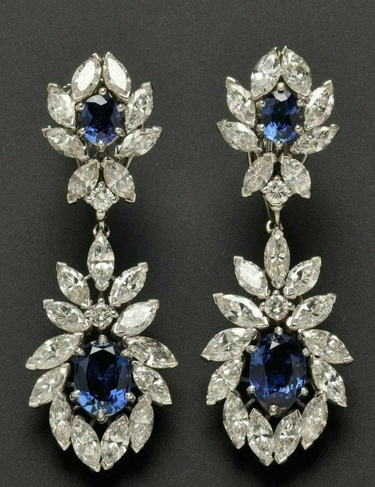 3 CT Oval Marquise Cut Sapphire 925 Sterling Silver Diamond Long Dangle Earrings