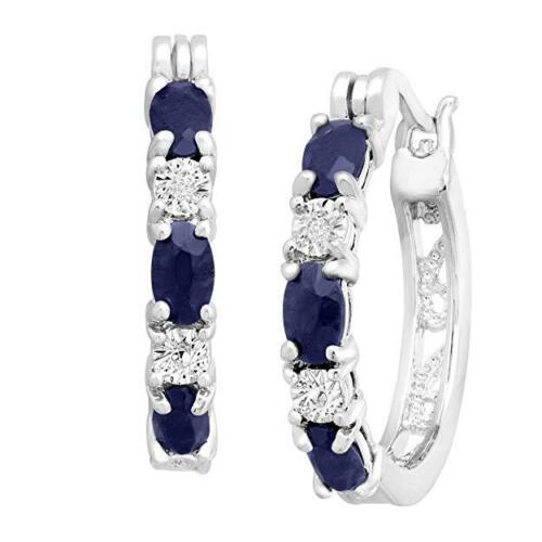 Oval & Round Cut Sapphire & Diamond 14k White Gold Over On 925 Sterling Sliver Women's Hoop Earrings