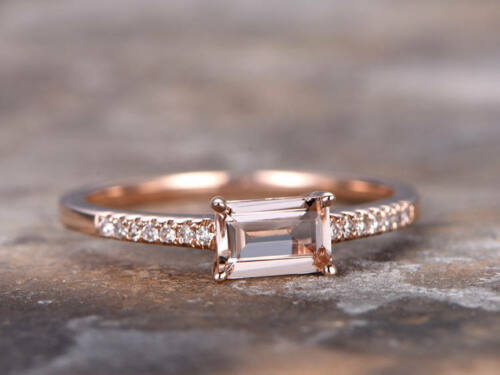 1.20 Ct Emerald Cut Peach Morganite Rose Gold Over On 925 Sterling Silver Solitaire W/Accents Promise Ring