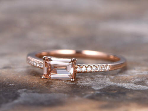 1.20 Ct Emerald Cut Peach Morganite Rose Gold Over On 925 Sterling Silver Solitaire W/Accents Promise Ring