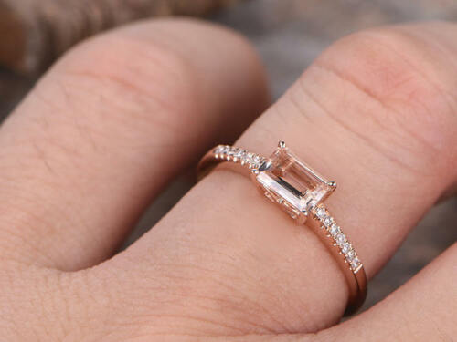 1.20 Ct Emerald Cut Peach Morganite Rose Gold Over On 925 Sterling Silver Solitaire W/Accents Promise Ring