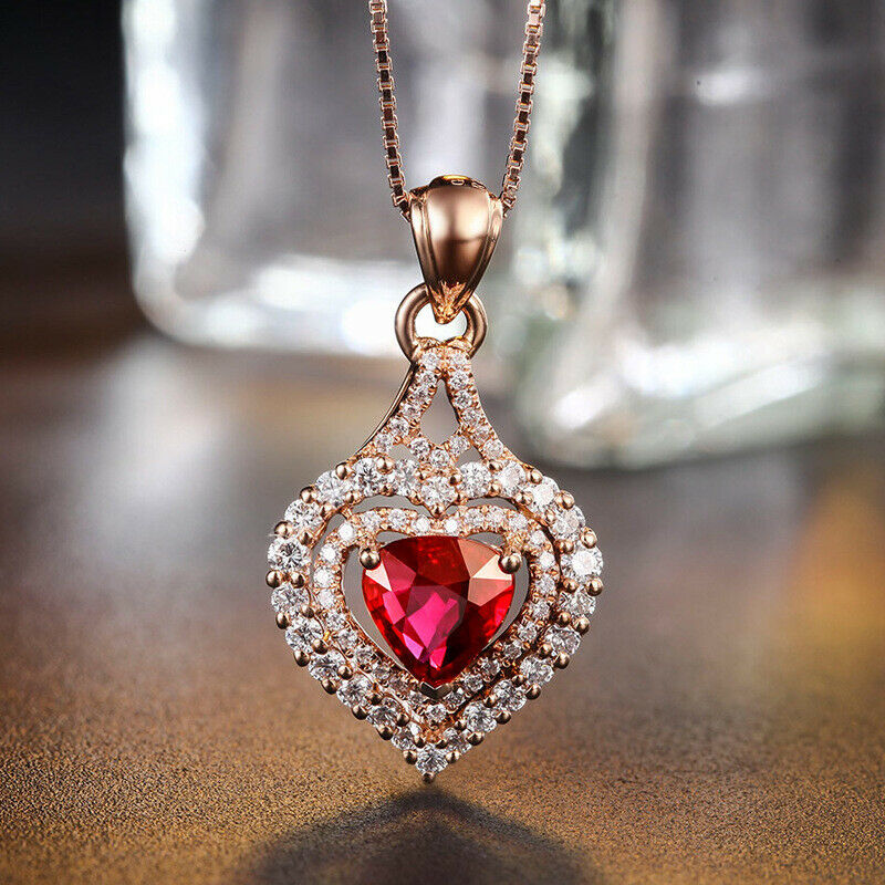 1.20 Ct Heart Cut Ruby Rose Gold Over On 925 Sterling Silver Double Halo Women's Pendant