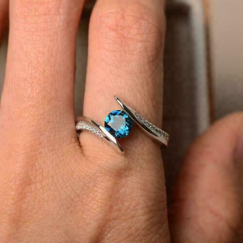 1.10 Ct Round Cut Blue Topaz 925 Sterling Silver Promise Bypass Ring