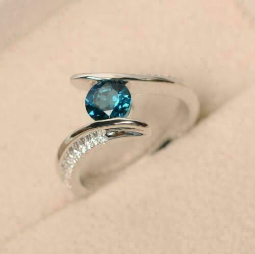 1.10 Ct Round Cut Blue Topaz 925 Sterling Silver Promise Bypass Ring