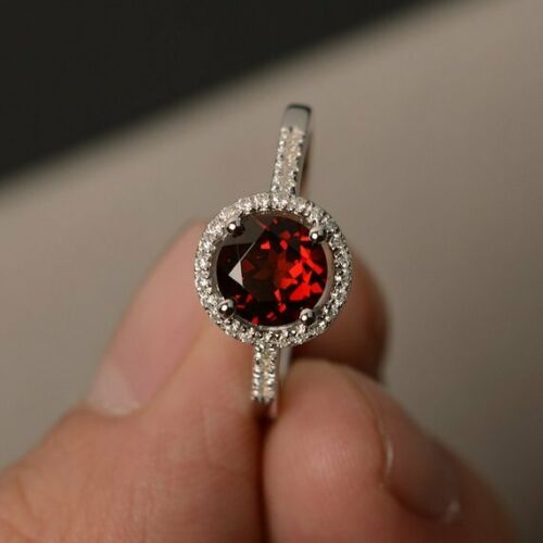 1.20 Ct Round Cut Red Garnet & Diamond 925 Sterling Silver Promise Ring