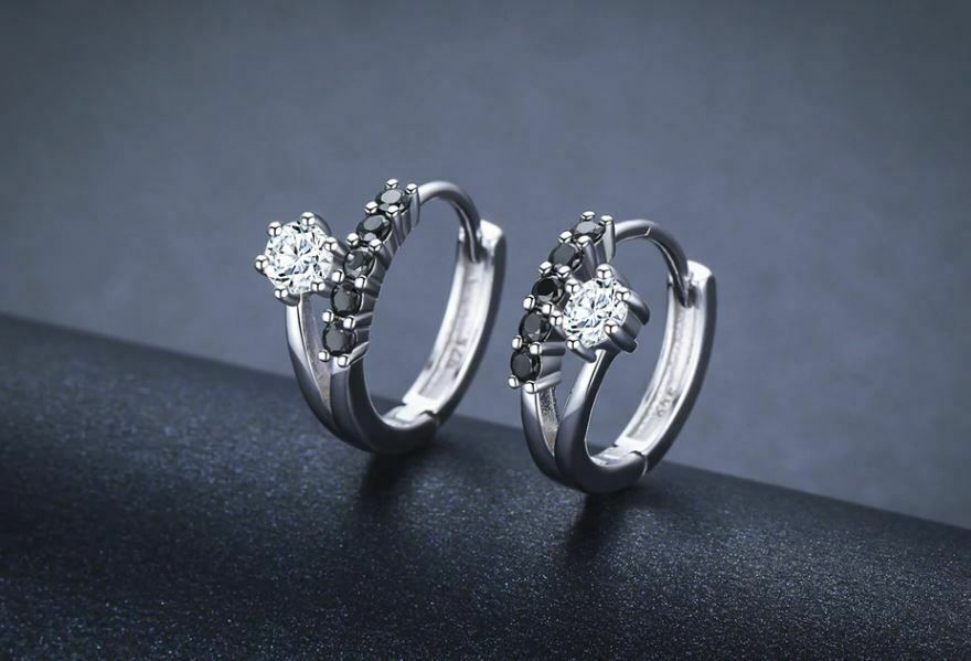 1.30 Ct Round Cut Black & White Diamond Huggie Hoop Earring 925 Sterling Silver