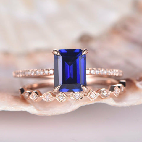 2.10 Ct Emerald Cut Blue Sapphire 925 Sterling Silver Engagement Bridal Ring Set