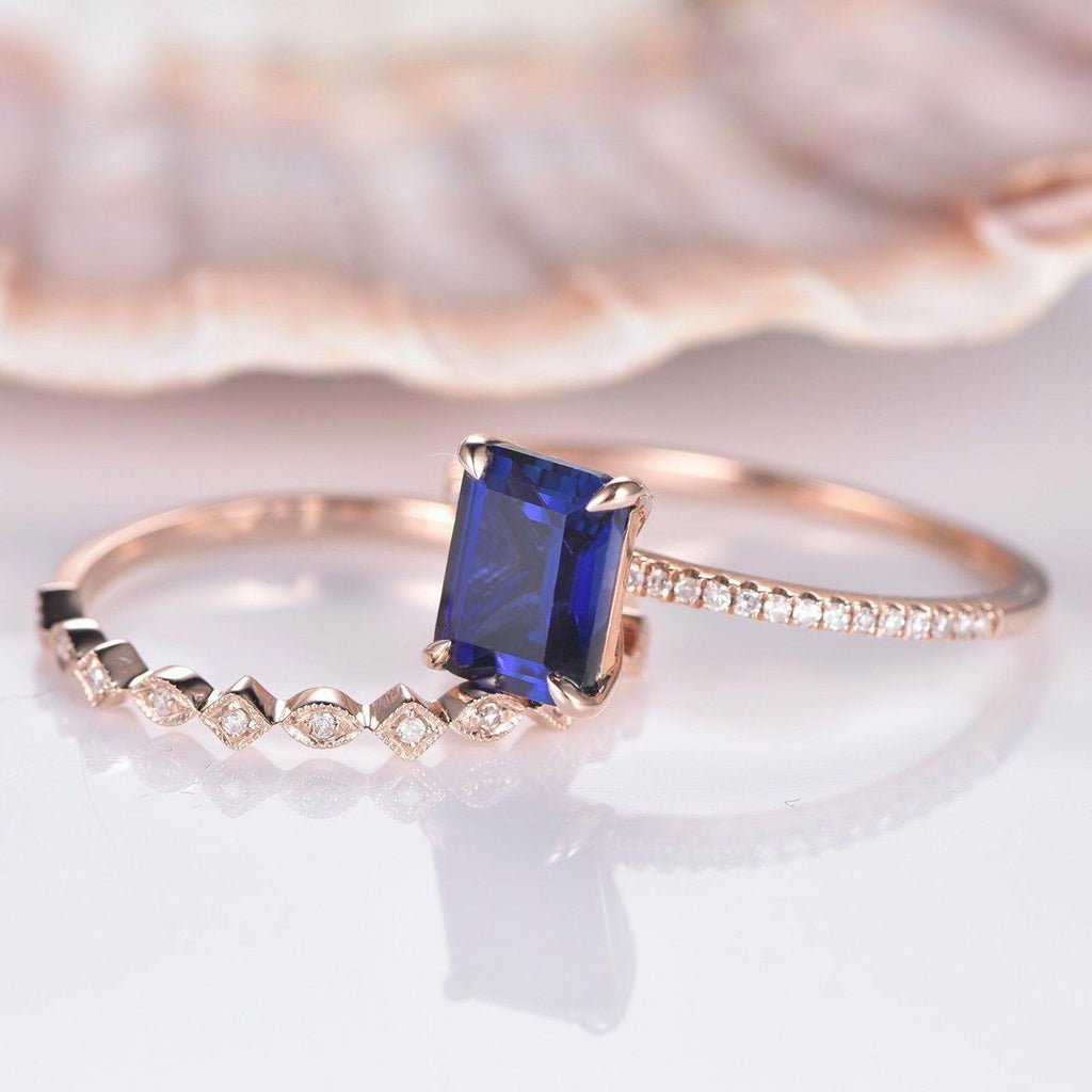 2.10 Ct Emerald Cut Blue Sapphire 925 Sterling Silver Engagement Bridal Ring Set