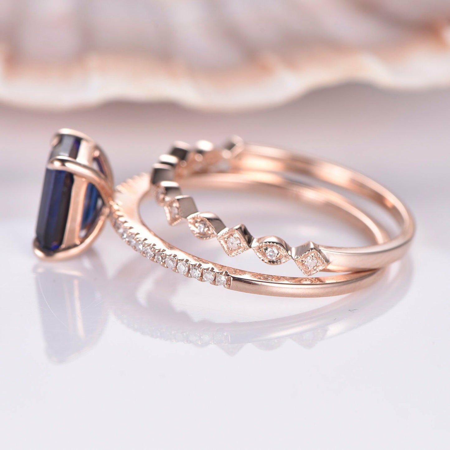 2.10 Ct Emerald Cut Blue Sapphire 925 Sterling Silver Engagement Bridal Ring Set
