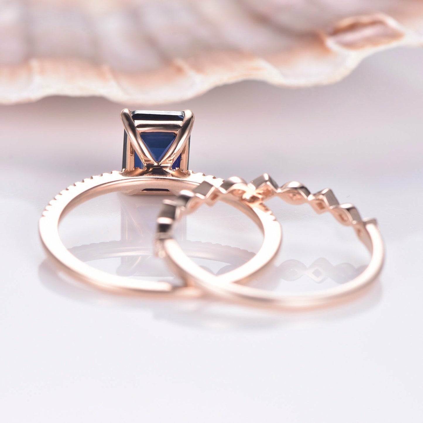 2.10 Ct Emerald Cut Blue Sapphire 925 Sterling Silver Engagement Bridal Ring Set