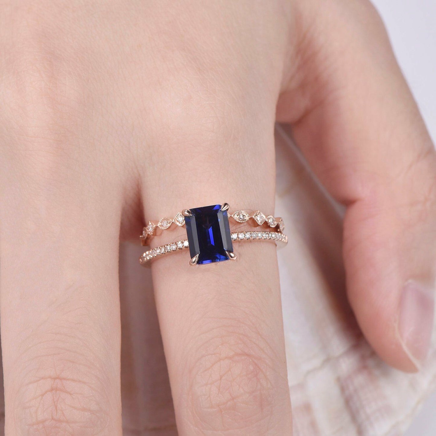 2.10 Ct Emerald Cut Blue Sapphire 925 Sterling Silver Engagement Bridal Ring Set