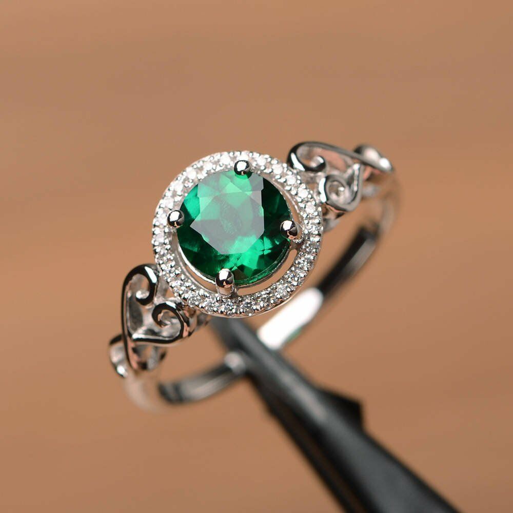 1.50 Ct Round Cut Green Emerald 925 Sterling Silver Halo Engagement Ring