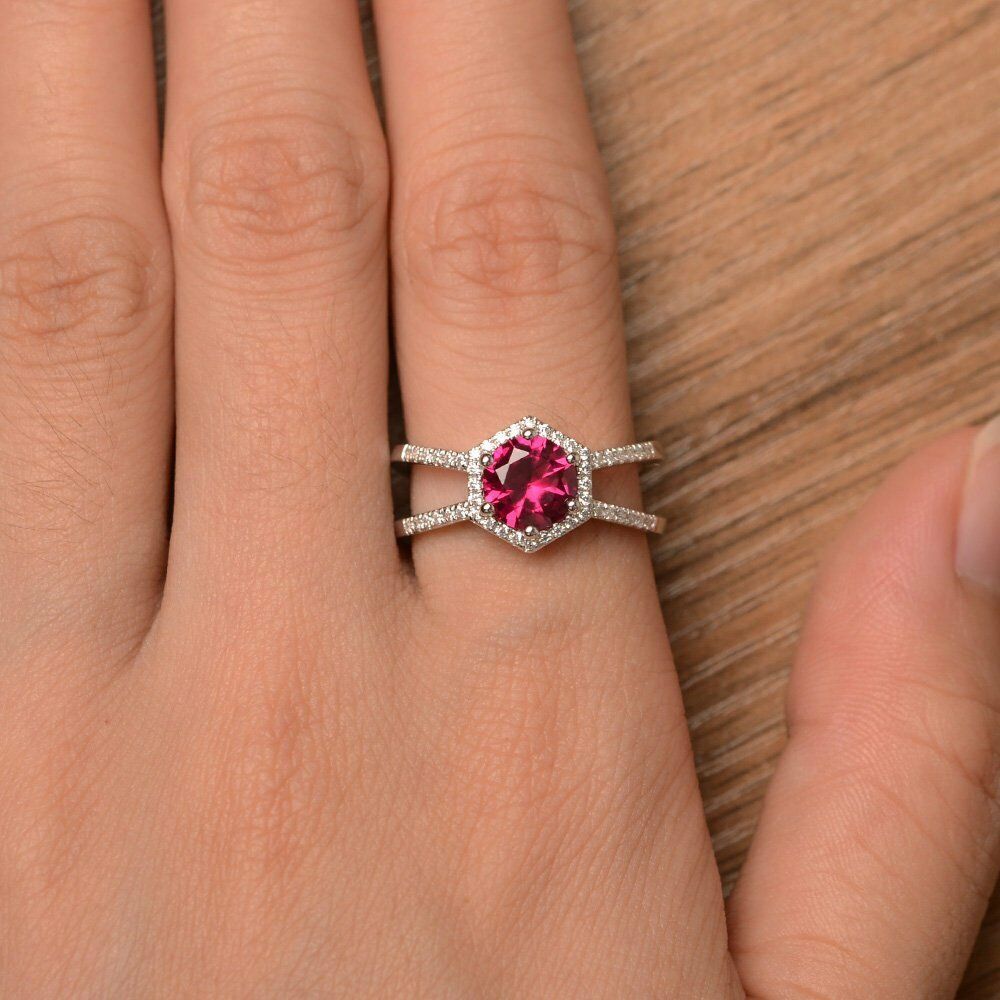 1.75 Ct Round Cut Red Ruby Split Shank Halo Anniversary Gift Ring In 925 Sterling Silver