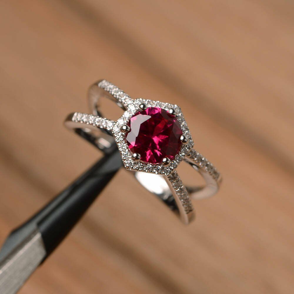 1.75 Ct Round Cut Red Ruby Split Shank Halo Anniversary Gift Ring In 925 Sterling Silver