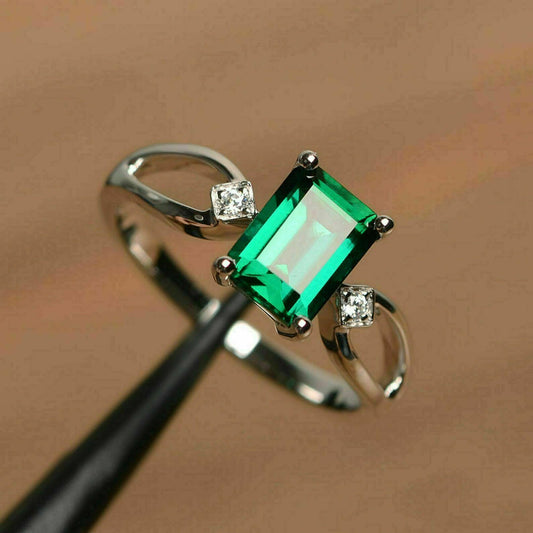 1.50 Ct Emerald Cut Green Emerald Wedding Engagement Ring 925 Sterling Silver
