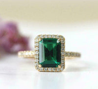 2.10 Ct Emerald Cut Green Emerald Diamond Halo Engagement Ring 14K Yellow Gold Over On 925 Sterling Silver