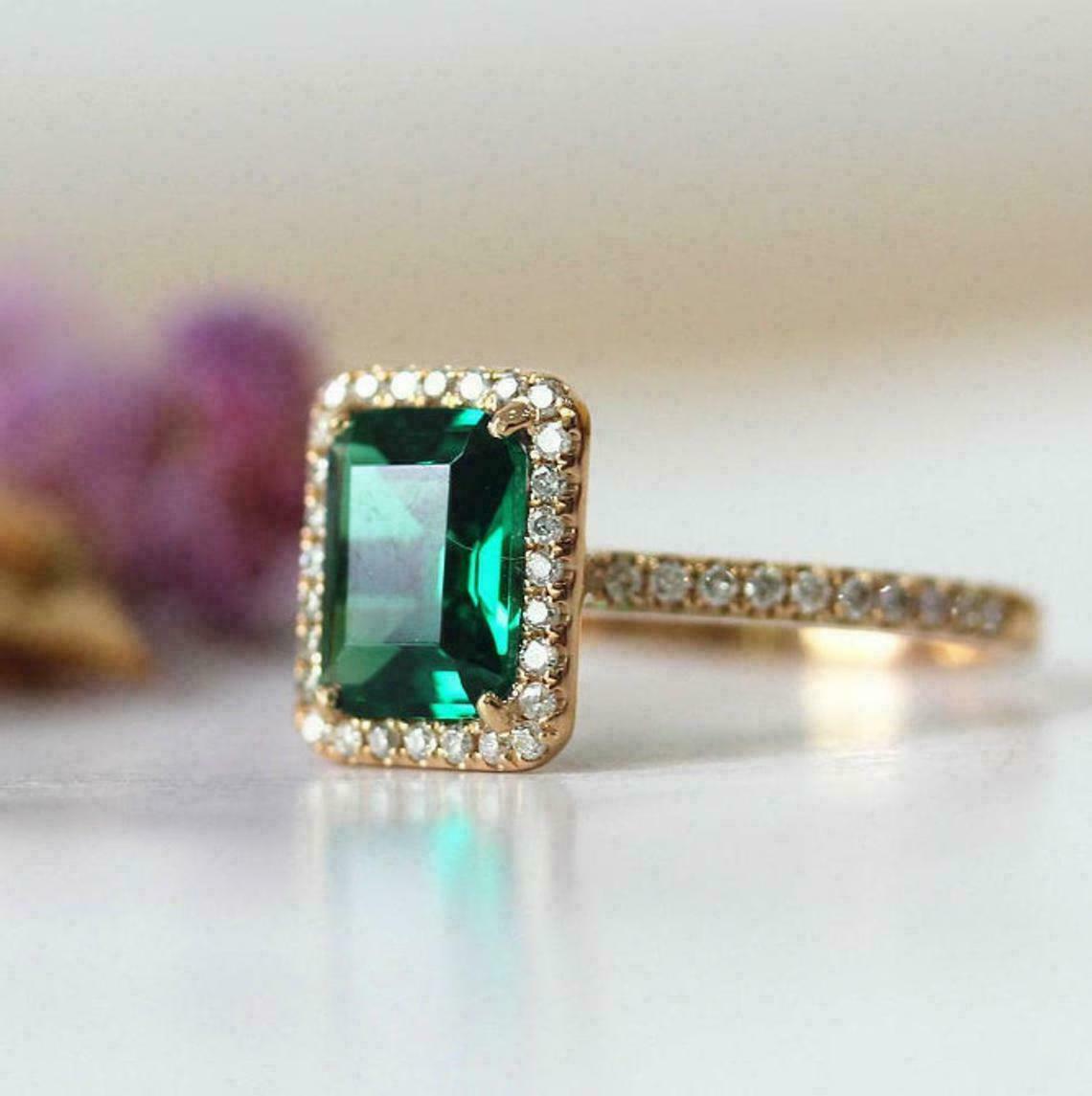 2.10 Ct Emerald Cut Green Emerald Diamond Halo Engagement Ring 14K Yellow Gold Over On 925 Sterling Silver