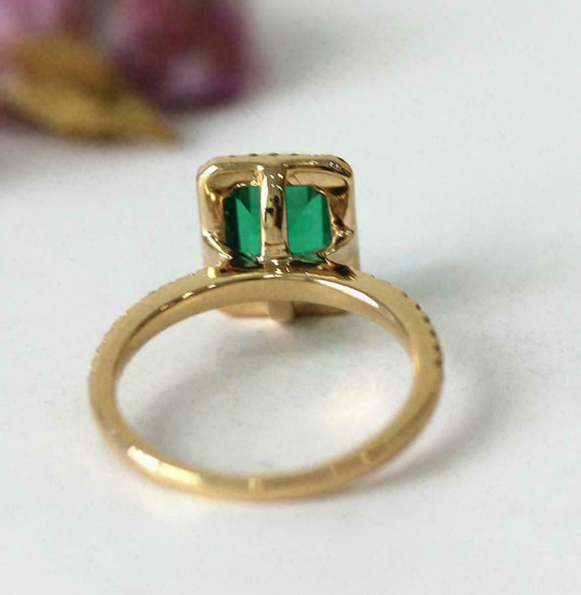 2.10 Ct Emerald Cut Green Emerald Diamond Halo Engagement Ring 14K Yellow Gold Over On 925 Sterling Silver