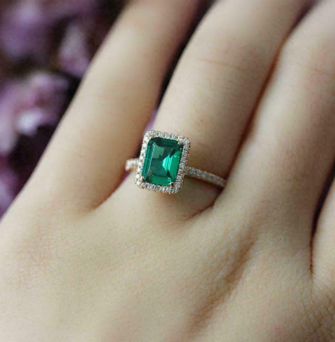 2.10 Ct Emerald Cut Green Emerald Diamond Halo Engagement Ring 14K Yellow Gold Over On 925 Sterling Silver