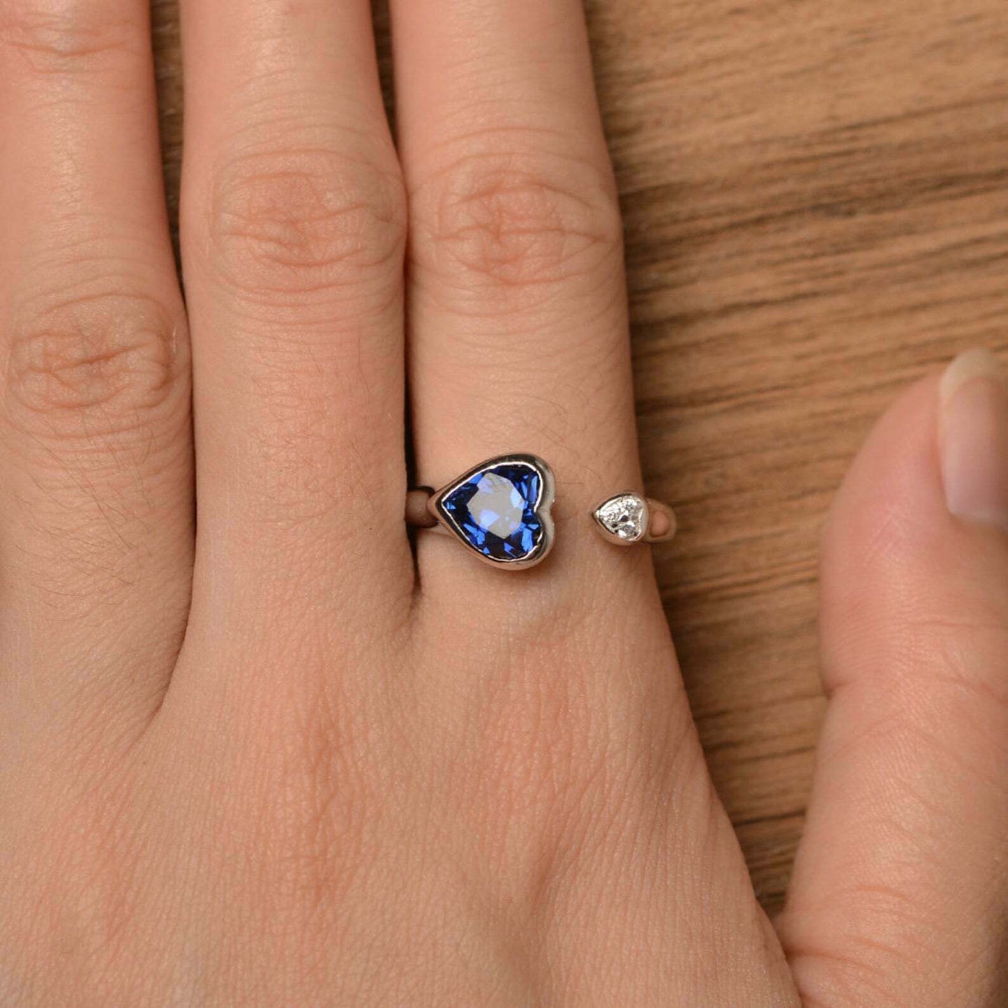 1.50 Ct Heart Cut Blue Sapphire & Round Diamond 925 Sterling Silver Adjustable Love Ring