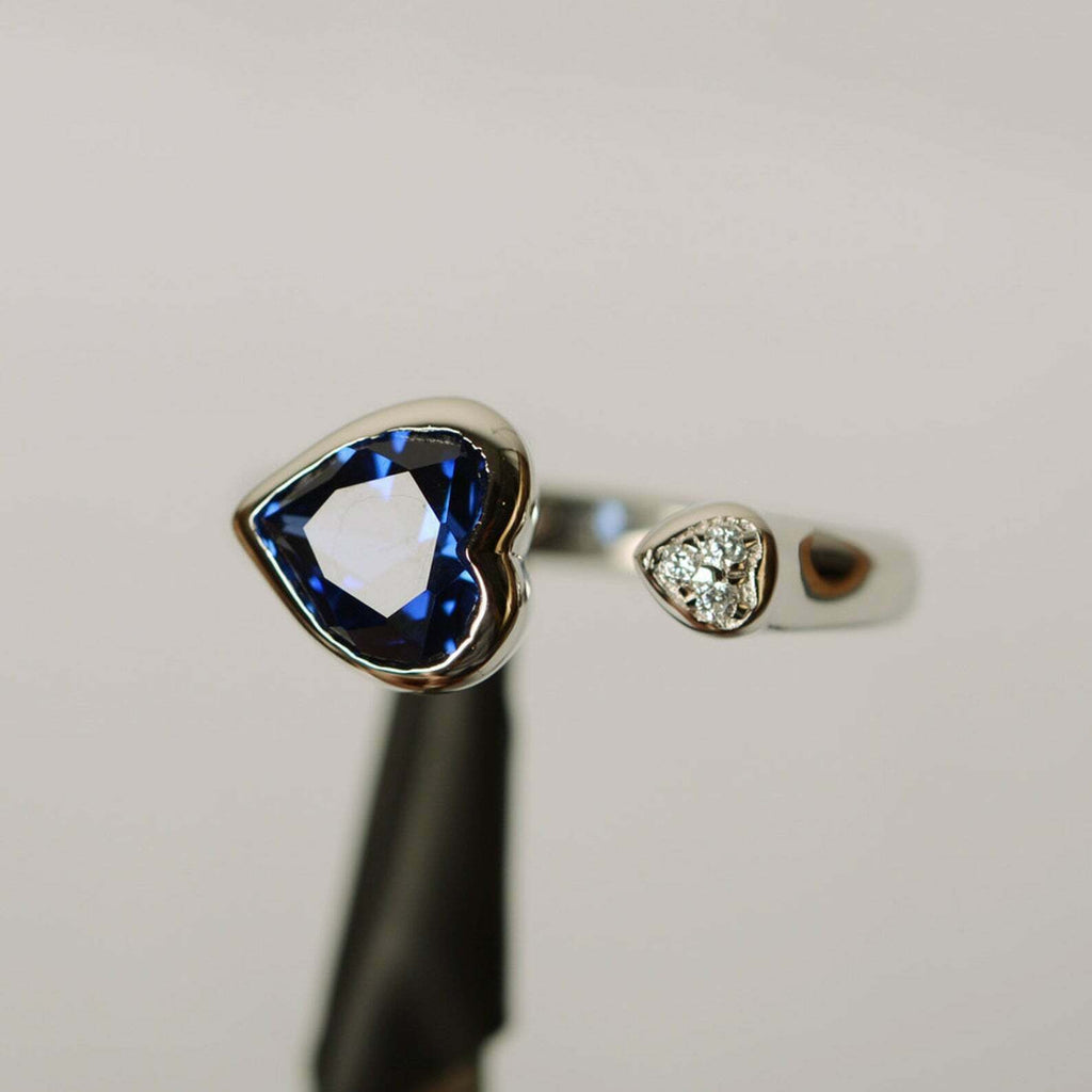 1.50 Ct Heart Cut Blue Sapphire & Round Diamond 925 Sterling Silver Adjustable Love Ring