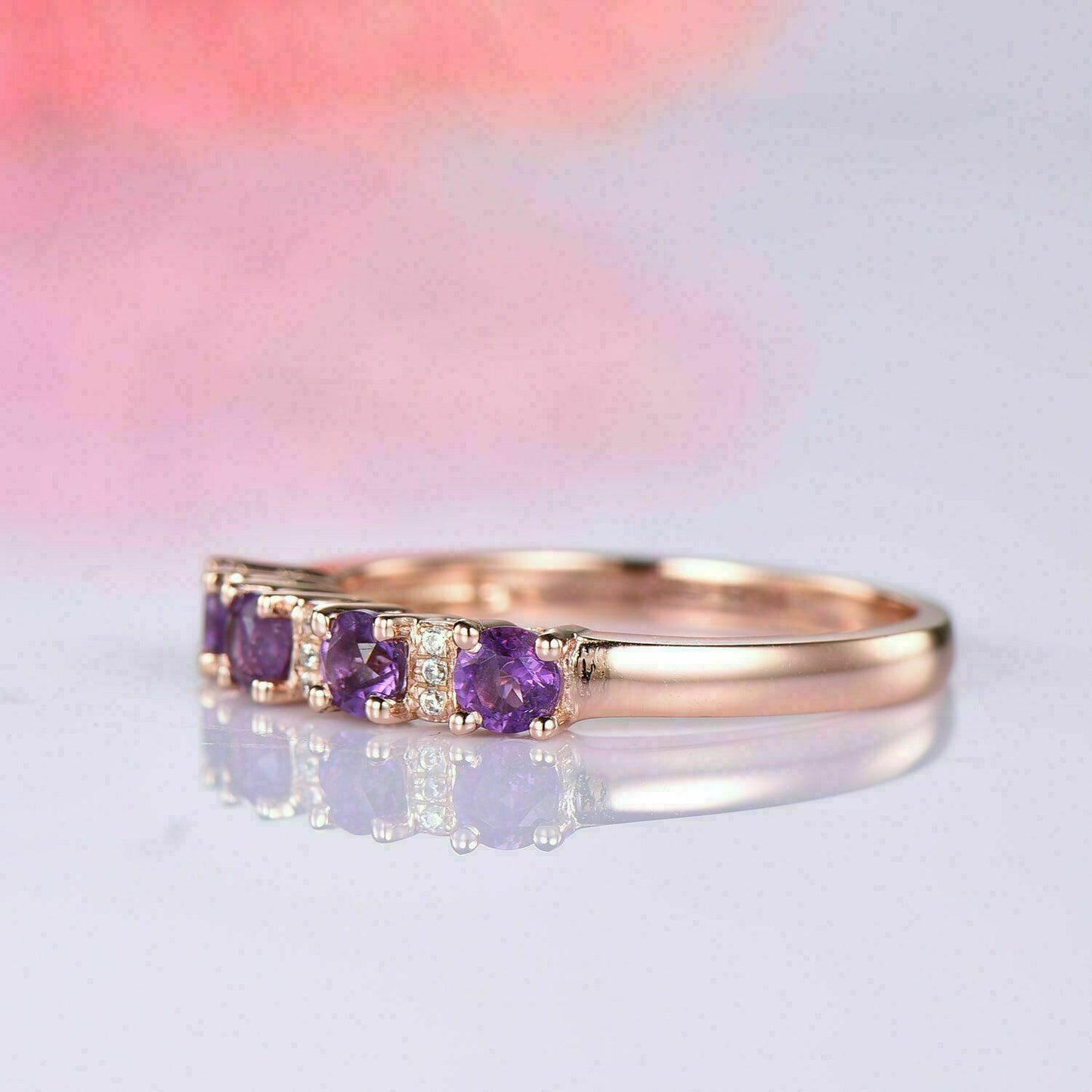 1.50 Ct Round Cut Amethyst Half Eternity Wedding Band Ring 14K Rose Gold Finish On 925 Sterling Silver
