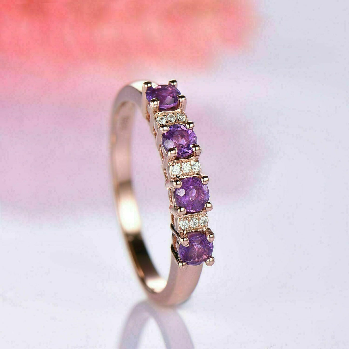1.50 Ct Round Cut Amethyst Half Eternity Wedding Band Ring 14K Rose Gold Finish On 925 Sterling Silver