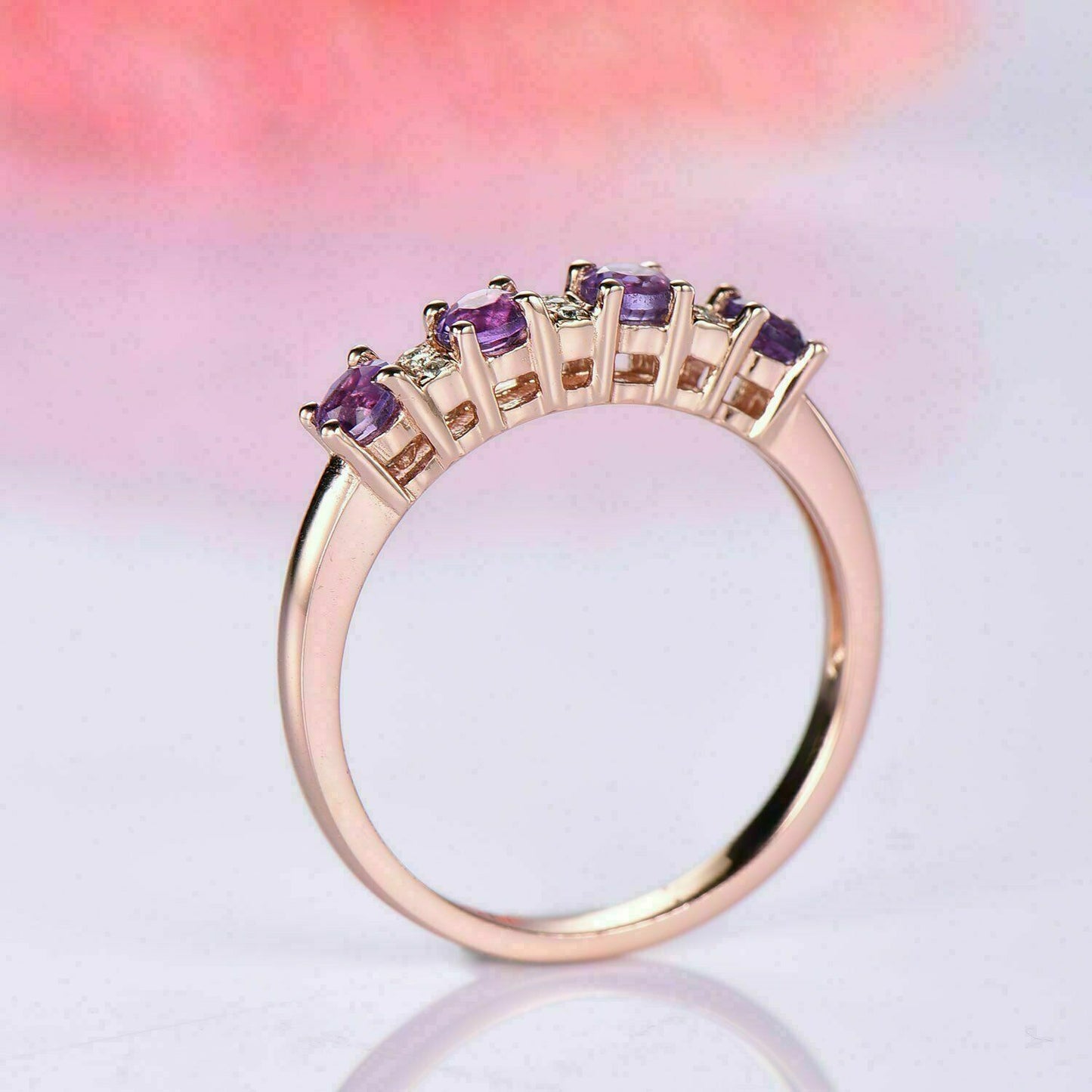 1.50 Ct Round Cut Amethyst Half Eternity Wedding Band Ring 14K Rose Gold Finish On 925 Sterling Silver