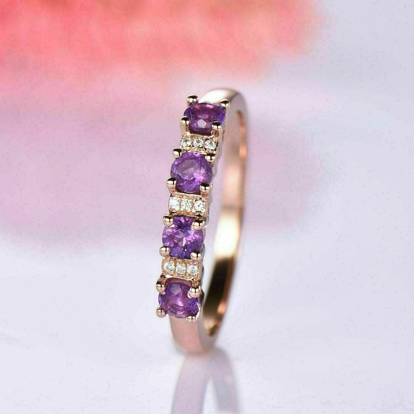 1.50 Ct Round Cut Amethyst Half Eternity Wedding Band Ring 14K Rose Gold Finish On 925 Sterling Silver