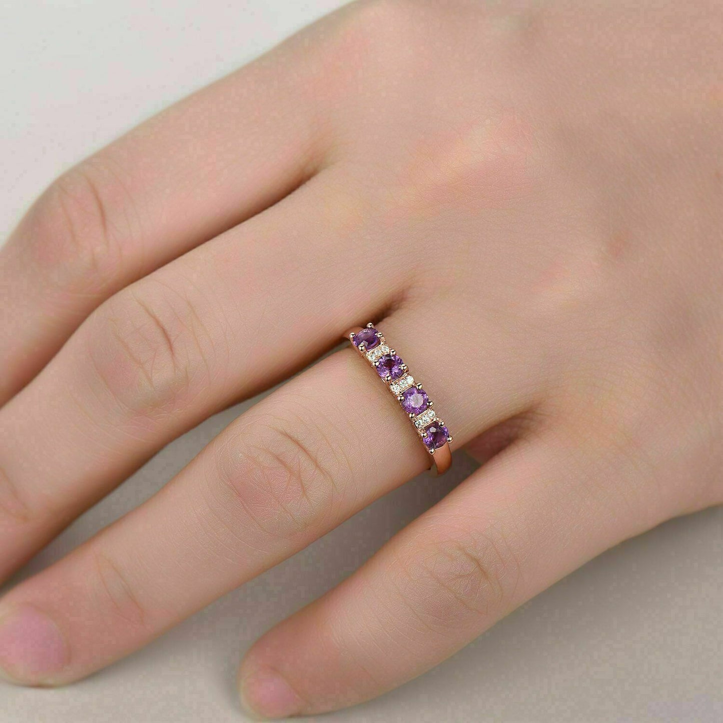 1.50 Ct Round Cut Amethyst Half Eternity Wedding Band Ring 14K Rose Gold Finish On 925 Sterling Silver