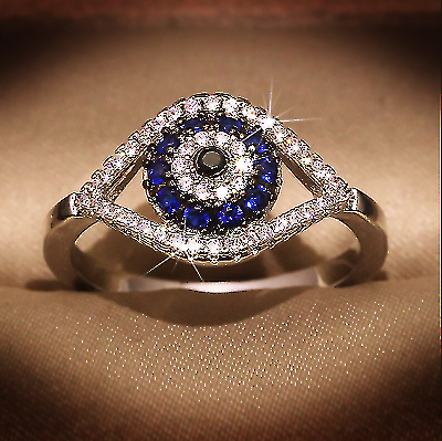 1.50 Ct Round Cut Blue Sapphire Halo Evil Eye 925 Sterling Silver Engagement Ring