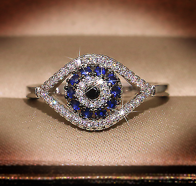 1.50 Ct Round Cut Blue Sapphire Halo Evil Eye 925 Sterling Silver Engagement Ring