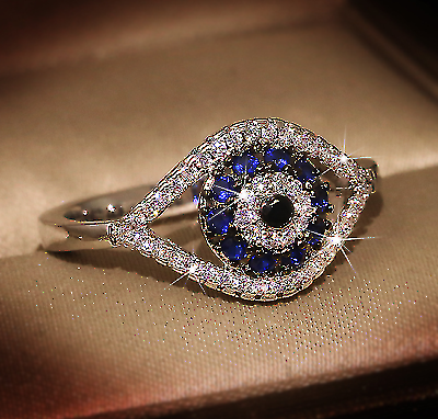 1.50 Ct Round Cut Blue Sapphire Halo Evil Eye 925 Sterling Silver Engagement Ring