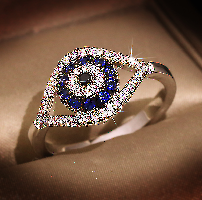 1.50 Ct Round Cut Blue Sapphire Halo Evil Eye 925 Sterling Silver Engagement Ring
