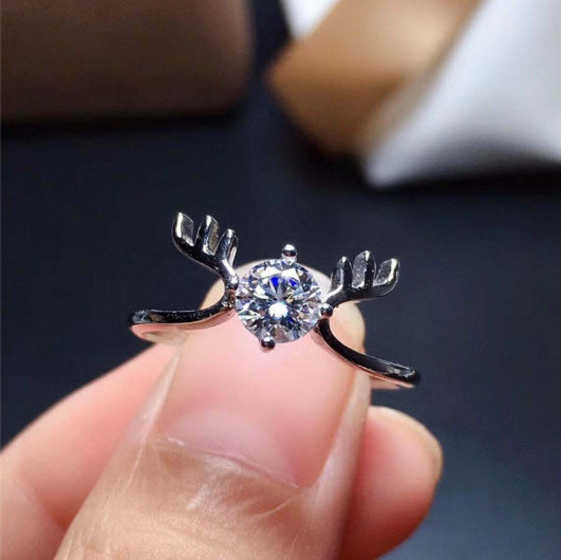 1.50 Ct Round Cut 14K White Gold Over On 925 Sterling Silver Deer Antler Solitaire Ring
