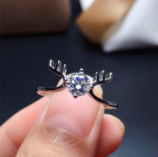 1.50 Ct Round Cut 14K White Gold Over On 925 Sterling Silver Deer Antler Solitaire Ring